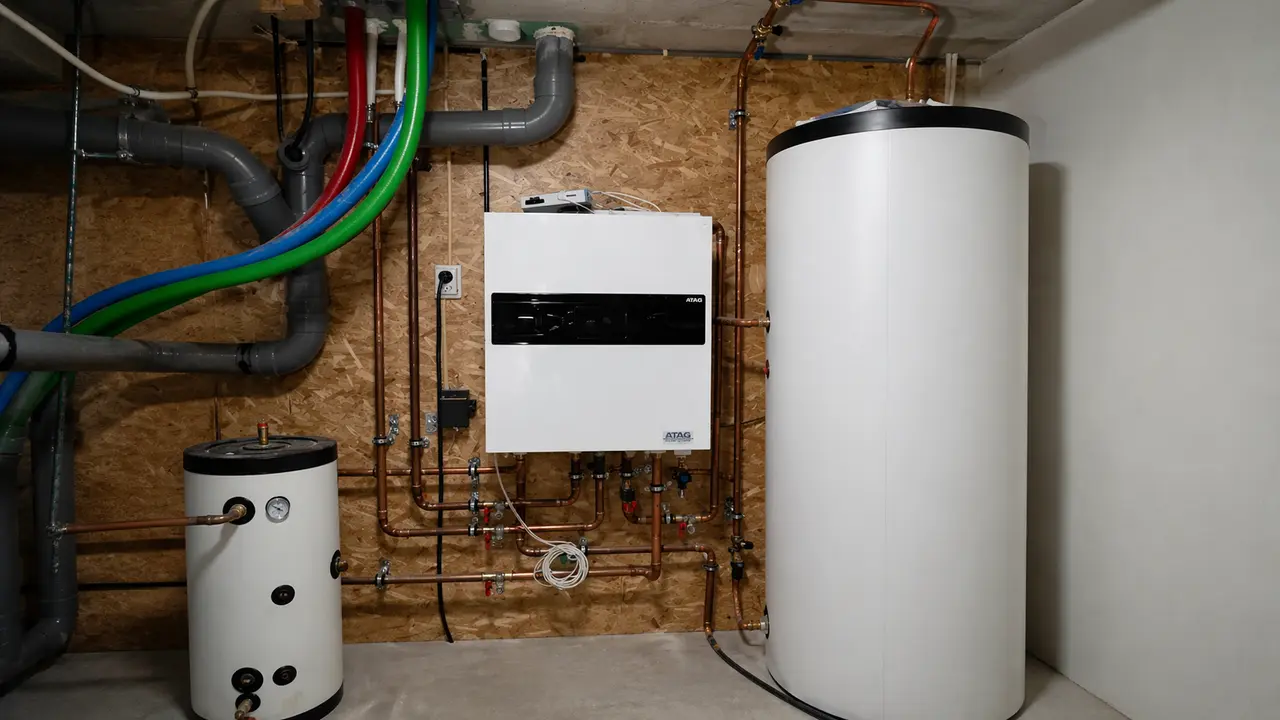 Installatie met boiler en leidingwerk in een technische ruimte